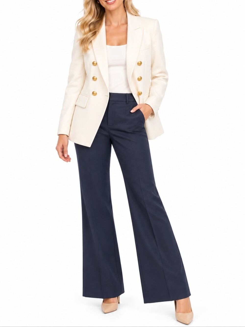 Express Womens Double Breasted Blazer Gold Button Jacket Size Size 8 White Cream